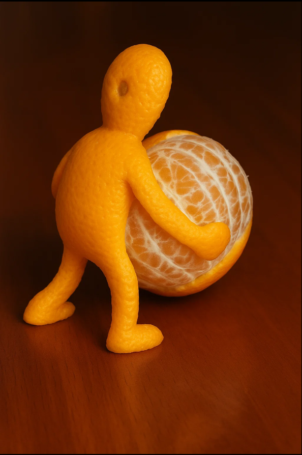 A playful orange-peel figure holding a peeled orange